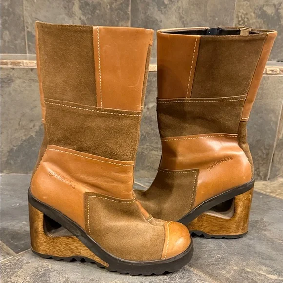 Stylish Patchwork Heeled Boots in Brown and Tan - Picture 3 of 5